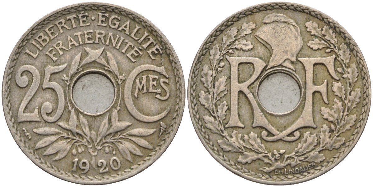 Франция 25 сантимов 1920 KM 867a, Le Franc 171.7 медно-никель 4142-1254