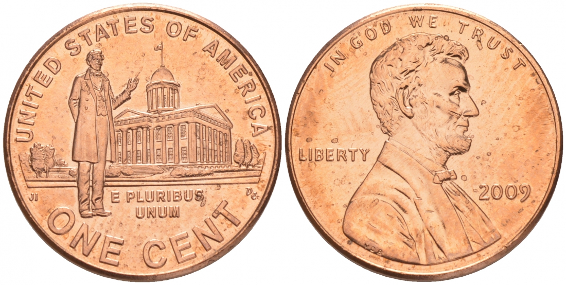 США 1 ЦЕНТ 2009 P, СЕРИЯ 200 ЛЕТ СО ДНЯ РОЖДЕНИЯ АВРААМА ЛИНКОЛЬНА - КАРЬЕРА ЮРИСТА В ИЛЛИНОЙСЕ, КАПИТОЛИЙ KM 443, Schn # 441 цинк плакированный медью UNC M32-5