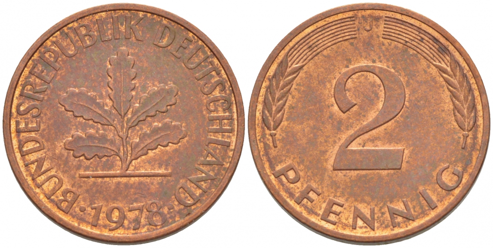 ФРГ 2 ПФЕННИГА 1978 J KM 106a, J.381a сталь плакированная сталь плакированная медьюю 4396-1569