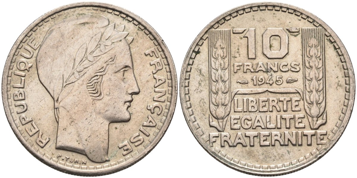 Франция 10 франков 1945 тип Пьер Турин, Grosse Tete (RL) KM 908.1, Le Franc 361.2 медно-никель 81-1122