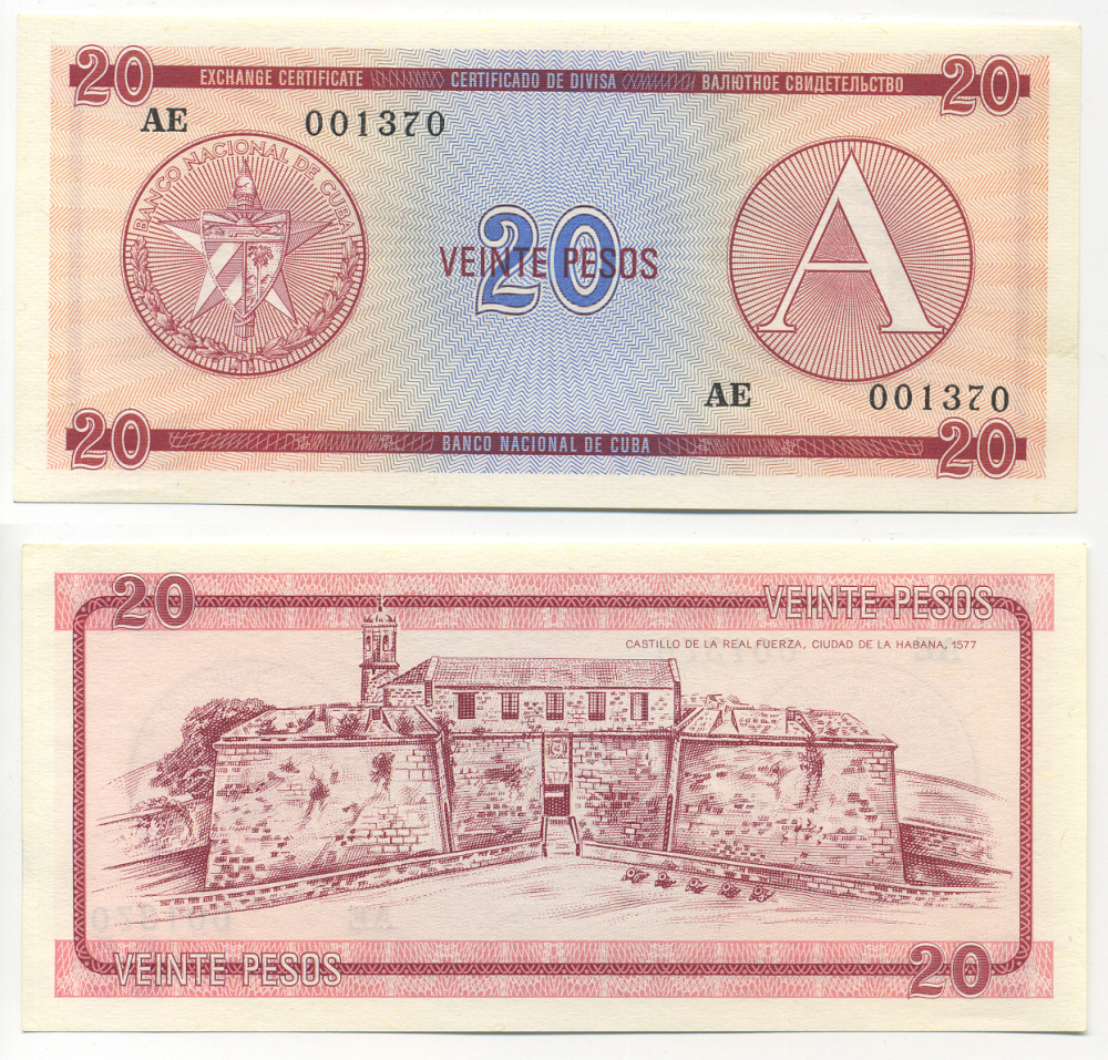 Куба, валютный сертификат 20 песо ND (1985) серия A, красная Pick FX 5 бумага UNC (пресс) 448-15-3