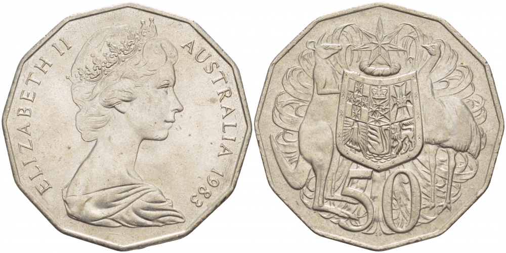 Австралия 50 центов 1983 Елизавета II (1952-2022), герб, кенгуру KM 68 медно-никель 29-115