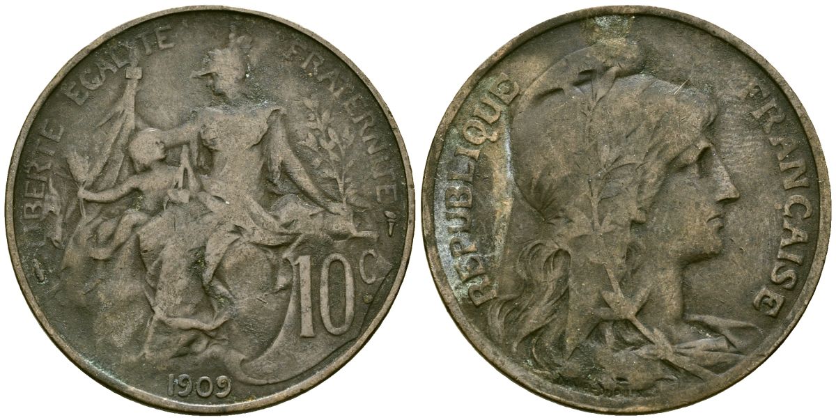 Франция 10 сантимов 1909 тип Даниэль Дюпюи KM 843 бронза 4558-314