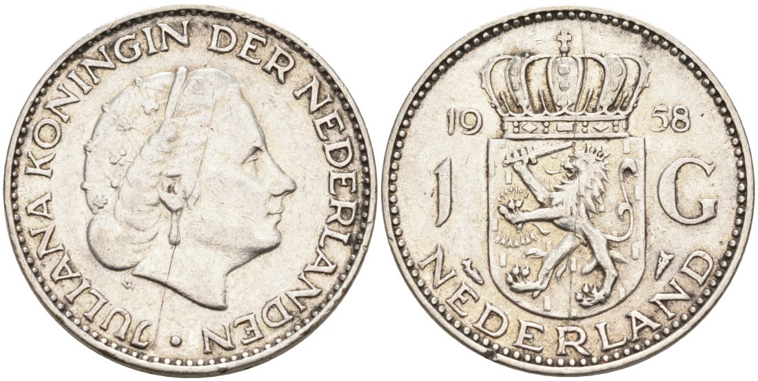 Нидерланды 1 гульден 1958 Юлиана (1948-1980) KM 184 серебро 190-1021