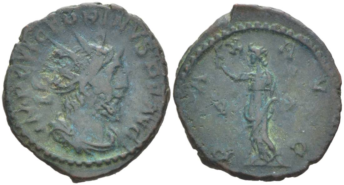 Римская Империя, императоры в Галлии антониниан 269 - 271 Викторин, IMP C VICTORINVS P F AVG, бюст императора / PAX AVG, Пация, персонификация Мира, Колония Агриппины (Кельн) RIC 118 биллон 1073-20-26