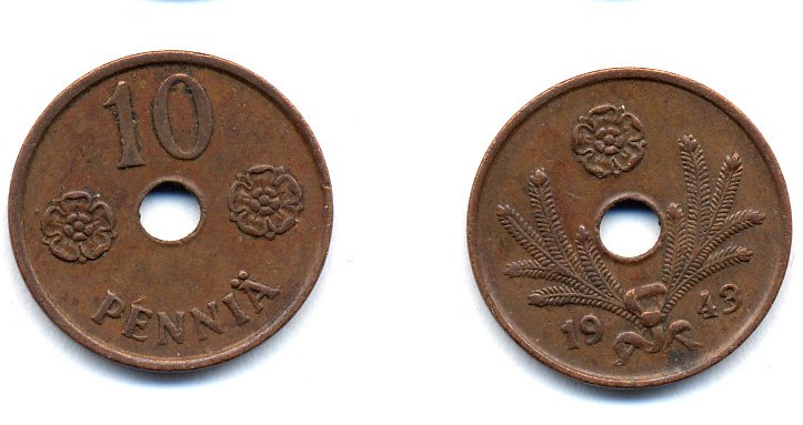 ФИНЛЯНДИЯ 10 ПЕННИ 1943 KM 33.1 медь 51-5027