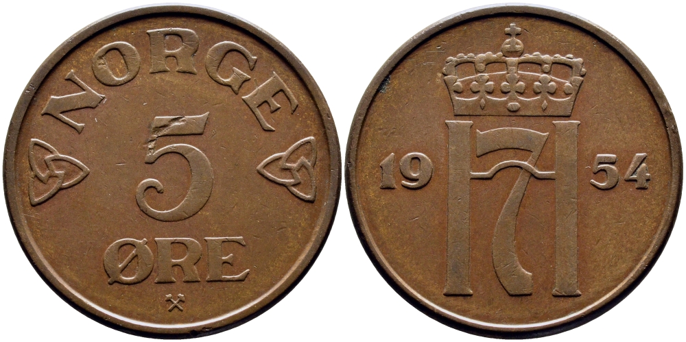 НОРВЕГИЯ 5 ЭРЕ 1954 KM 400 бронза 51-1541