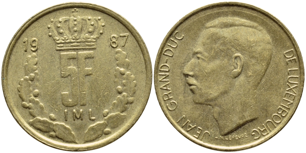 ЛЮКСЕМБУРГ 5 ФРАНКОВ 1987 БОЛЬШАЯ КОРОНА KM 60.2 латунь 4397-514