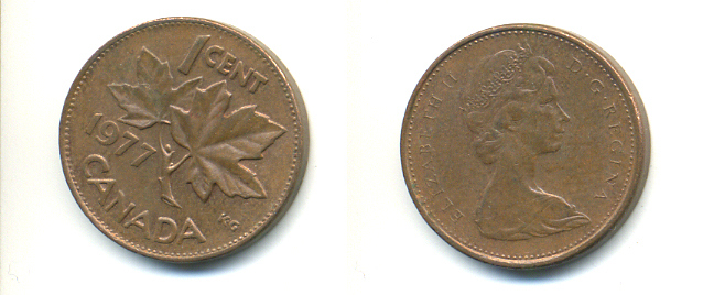 Канада 1 цент 1977 Елизавета II (1952-2022), кленовый лист KM 59.1 бронза 177-1349