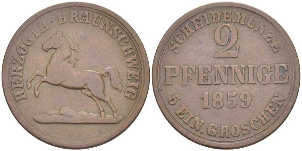 БРАУНШВЕЙГ-ВОЛЬФЕНБЮТТЕЛЬ 2 ПФЕННИГА 1859 ВИЛЬГЕЛЬМ (1831-1884) KM 1155 медь 210-211