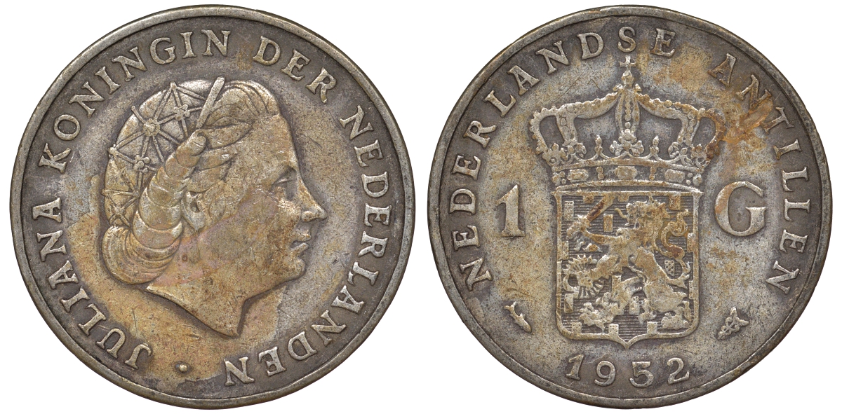 Нидерландские Антилы 1 гульден 1952 Юлиана (1948-1980) KM 2 серебро 36-936