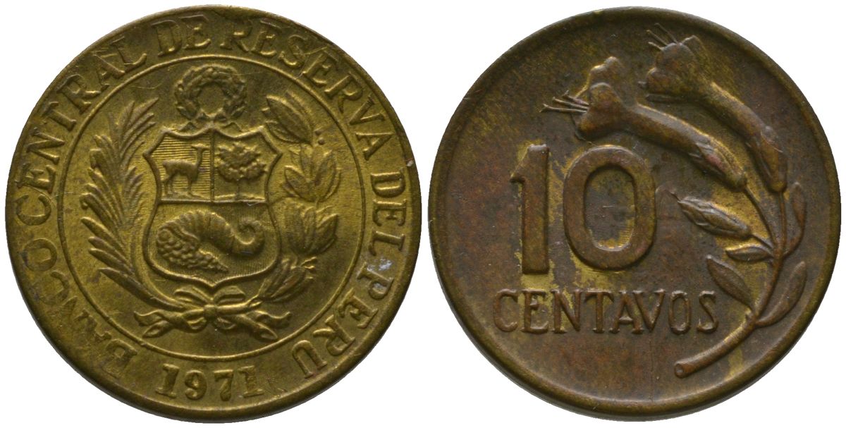 Перу 10 сентаво 1971 KM 245.2, Schon 50 латунь 4532-323