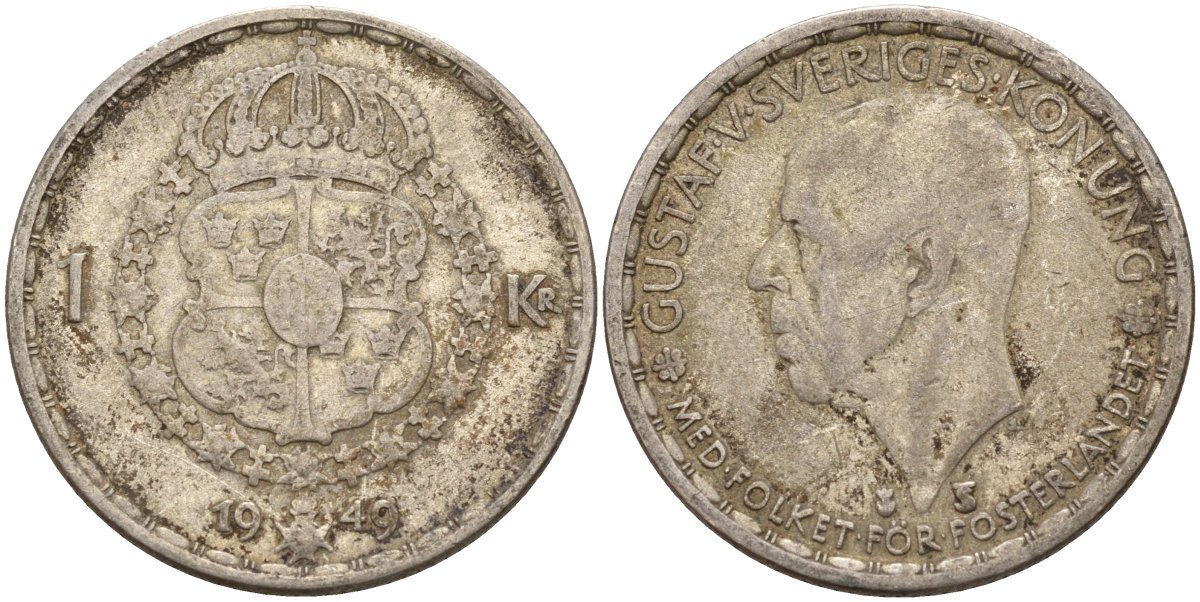 Швеция 1 крона 1949 TS, Густав VI Адольф (1950-1973) KM 814 серебро 4148-1111