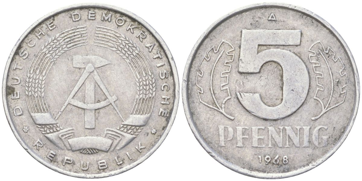 ГДР 5 пфеннигов 1968 A KM 9.1 алюминий 4613-943