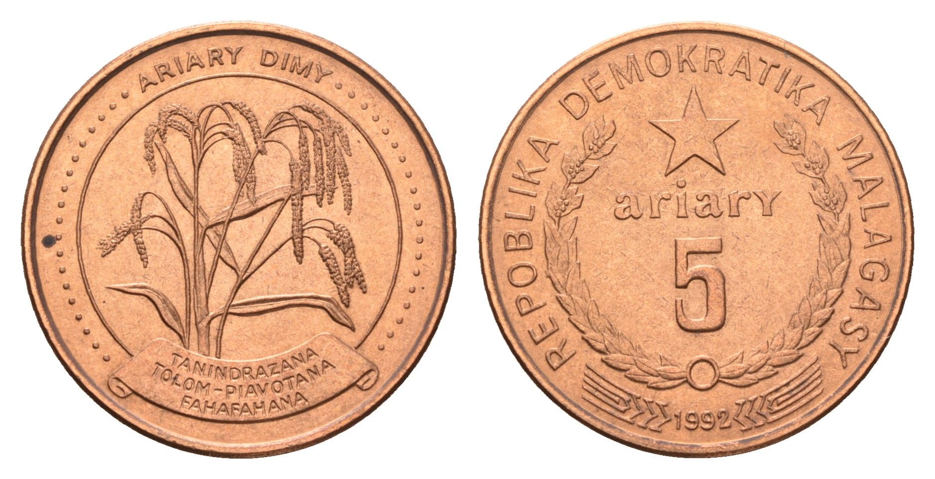 Мадагаскар 5 ариари 1992 год-тип KM 17 сталь плакированная медью UNC 4671-245