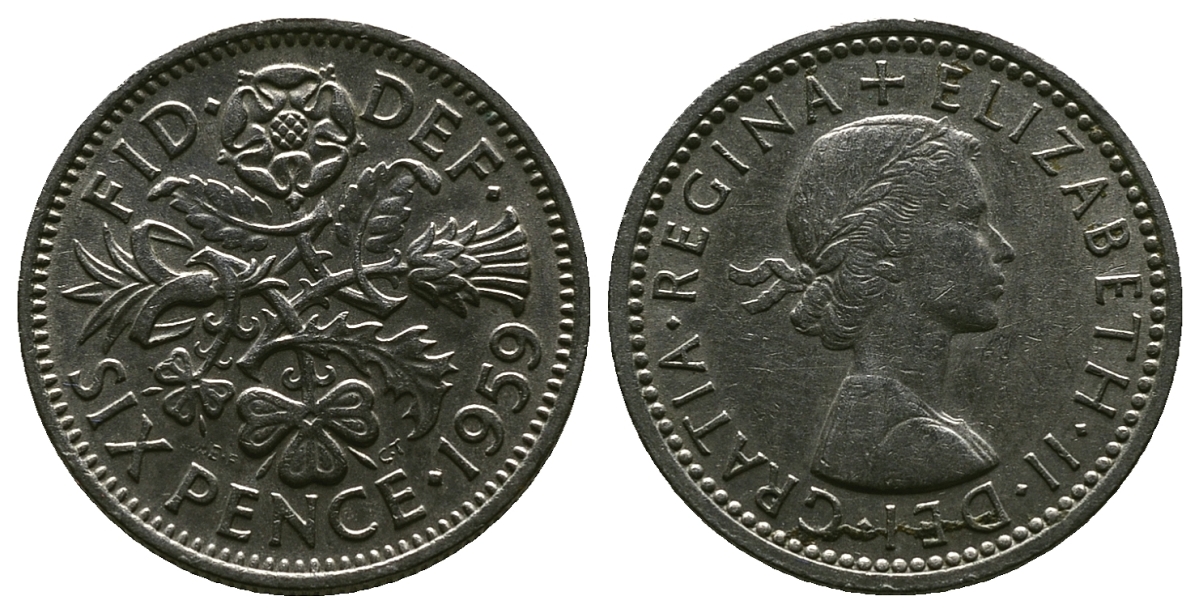 Великобритания 6 пенсов 1959 Елизавета II (1952-2022) KM 903, Spink 4149 медно-никель 4381-722