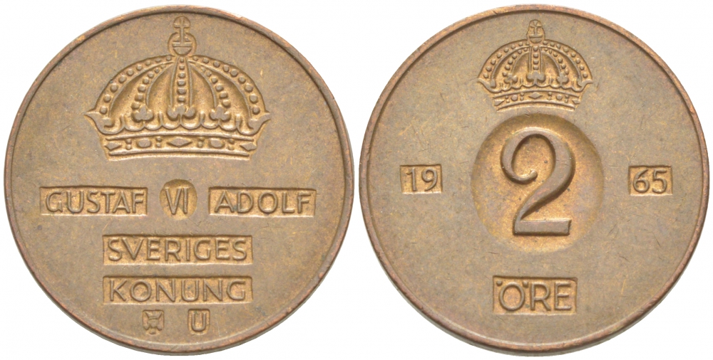 Швеция 2 эре 1965 U, Густав VI Адольф (1950-1973) КМ 821 бронза 77-516