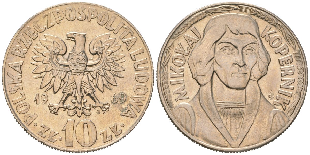 Польша 10 злотых 1969 MW, Николай Коперник Y 51a медно-никель UNC 4599-1144