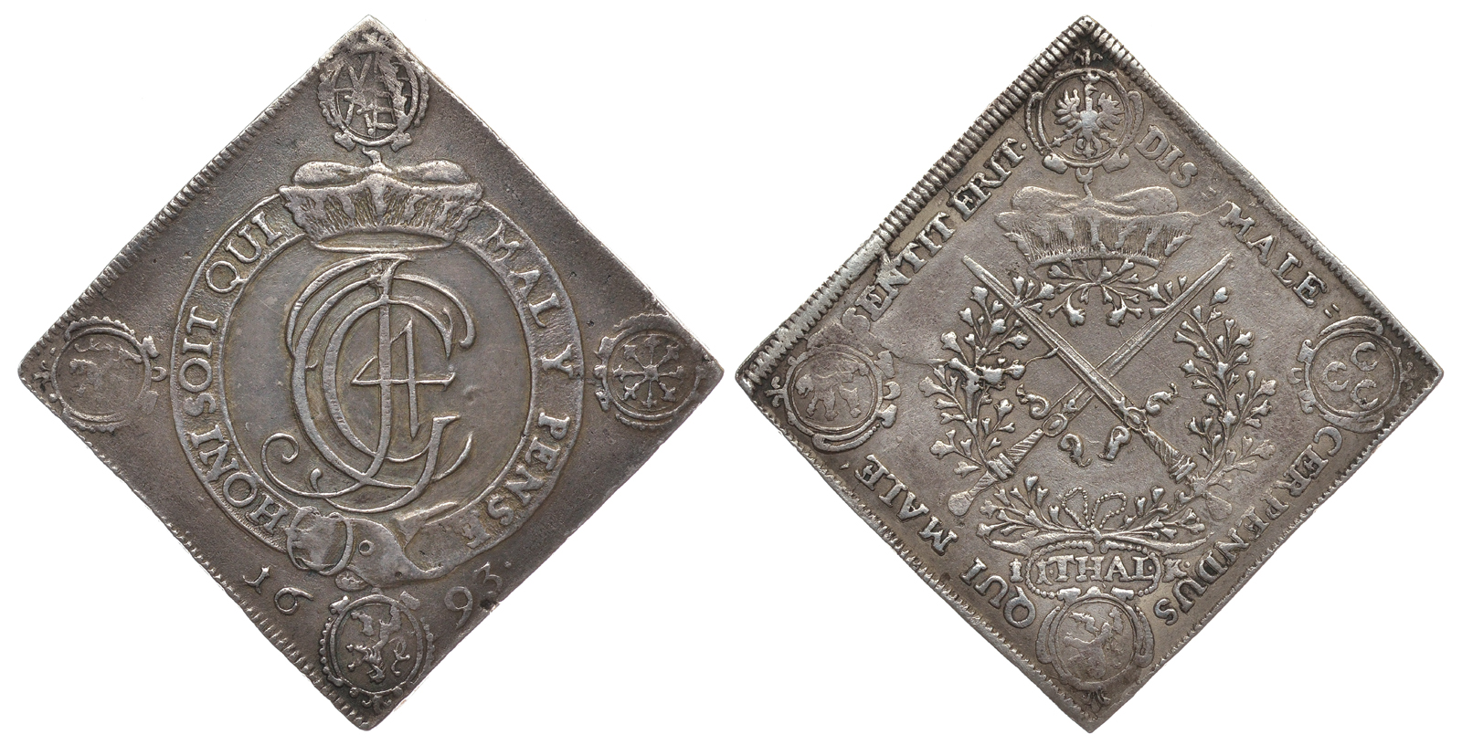 Австрия 1 талер клиппа 1693 Иоганн Георг IV Dav. 7649, Schnee 977 серебро 00-000-00