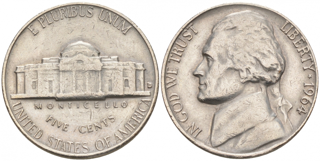 США 5 центов 1964 D, Джефферсон KM А192 медно-никель 68-734
