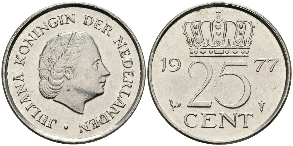 Нидерланды 25 центов 1977 Юлиана (1948-1980) KM 183 никель 96-247