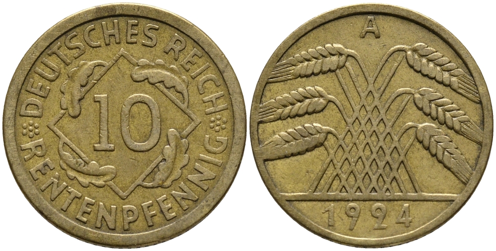 ГЕРМАНИЯ 10 РЕНТЕНПФЕННИГОВ 1924 А KM 33, J. 309, Weege 8 алюминиевая бронза 51-534