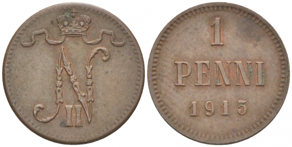 РОССИЯ ДЛЯ ФИНЛЯНДИИ 1 ПЕННИ 1915 НИКОЛАЙ II KM 13, Биткин 475 медь 4396-1453
