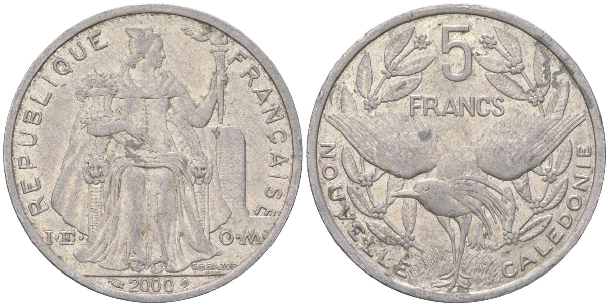 Французская Новая Каледония 5 франков 2000 птица кагу, (IEOM) KM 16, Schoen 12, Lec 81e алюминий 189-241
