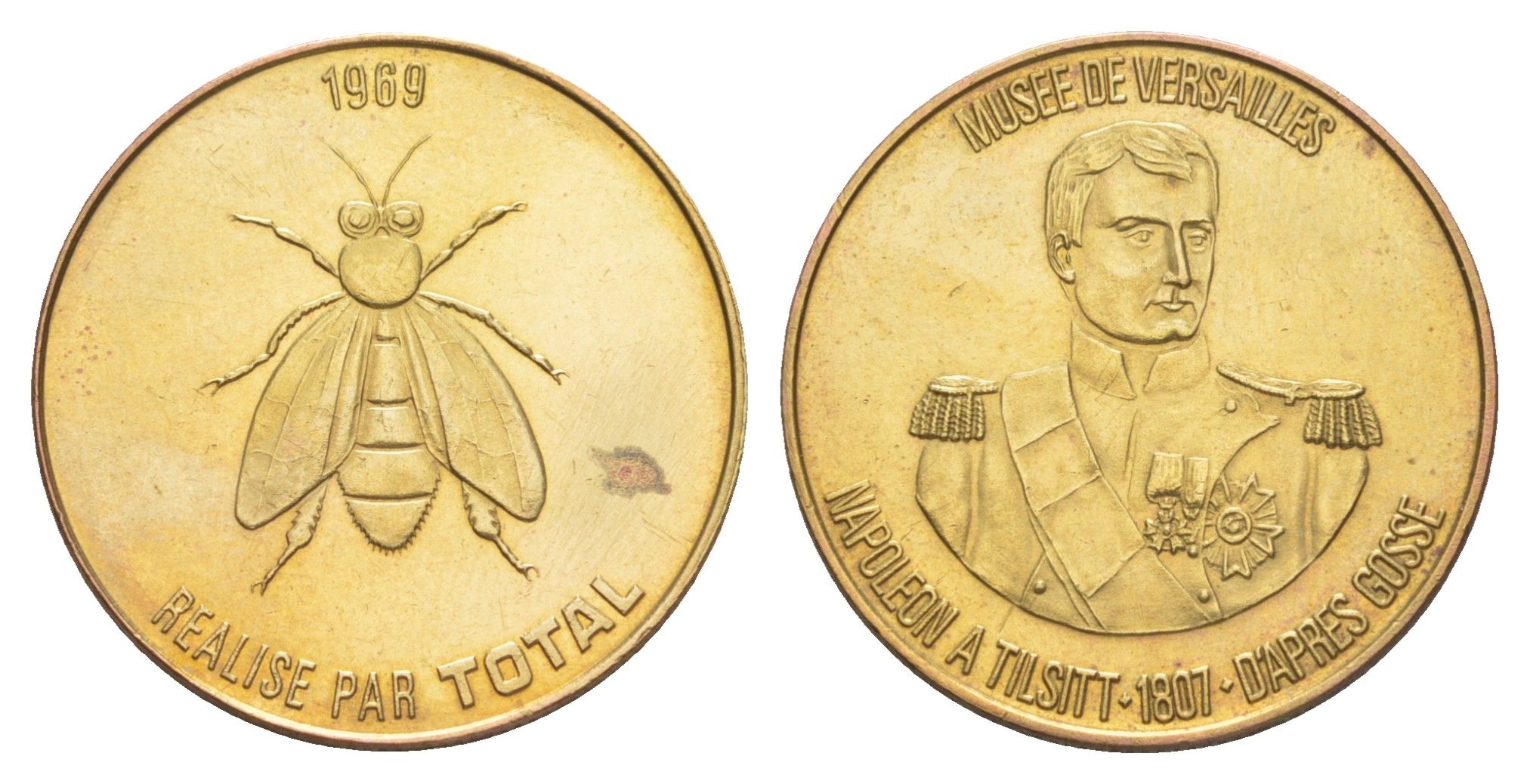 Франция жетон к 200-летию со дня рождения Наполеона-Бонапарта "Музей Версаля - Тильзитский мир" 1969 компания Total, диаметр 25,8 мм, вес 5 гр железо плакированная латунью UNC 4637-531