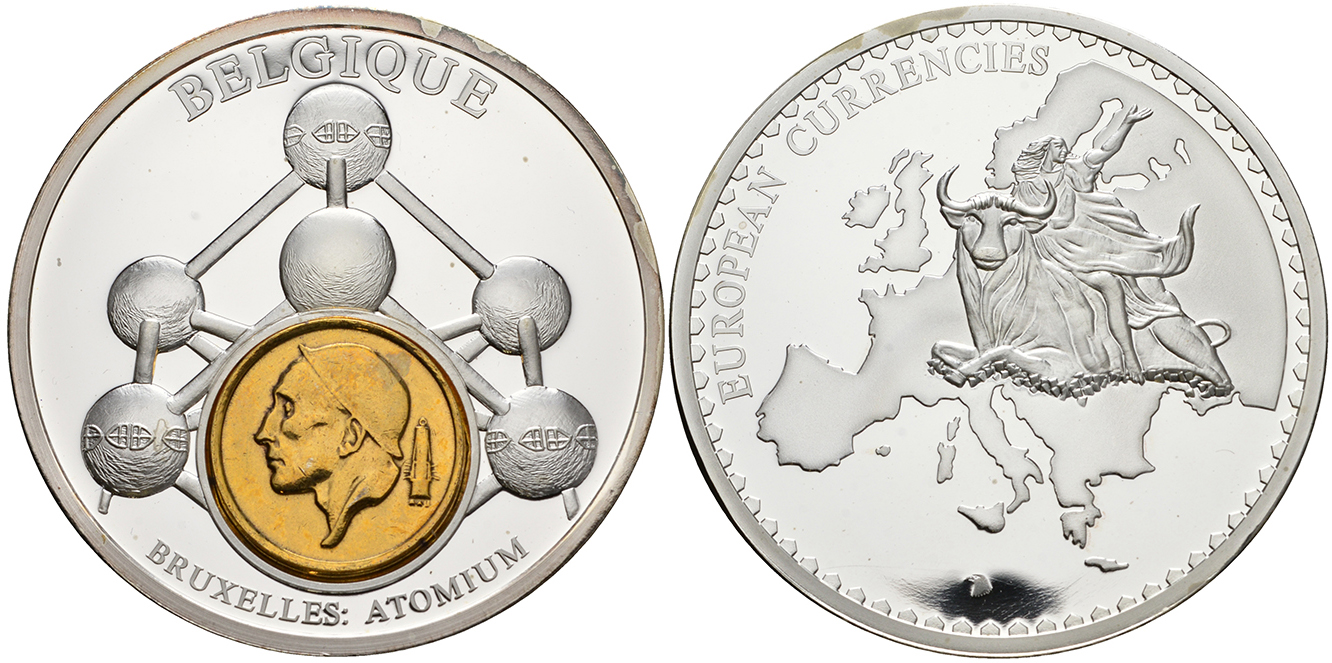 Нидерланды медаль 1993 серия европейские доевровые монеты, 54 гр., 50 мм.,с сертификатом, Бельгия, Брюссель, модель атома  серебрение  PROOF  06-026-22