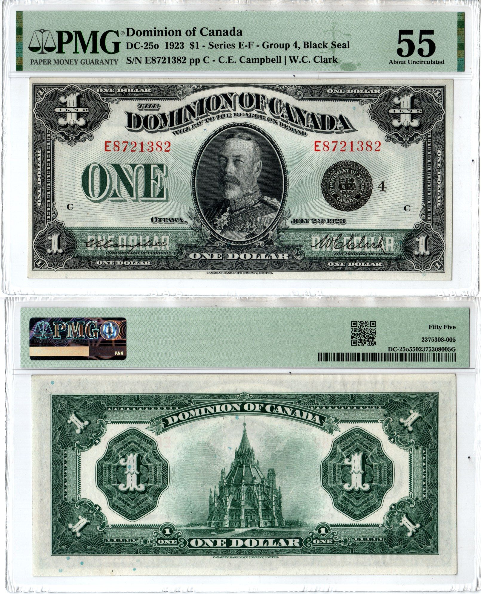 Канада 1 доллар 1923 в слабе компаии - PMG. Грейд 55 - About Uncirculated, Георг V. Библиотека парламента, Оттава Pick 33, DC - 25 o бумага aUNC 452-1-187