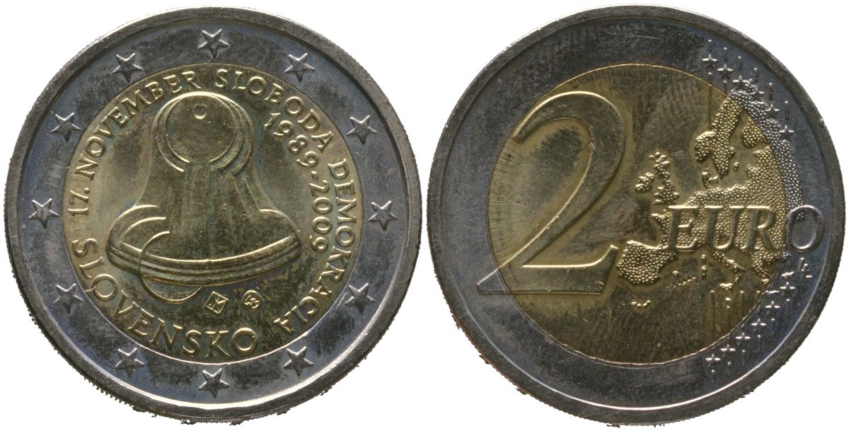 Словакия 2 евро 2009 20 лет Бархатной Революции, колокол KM 107 биметалл UNC 4551-444