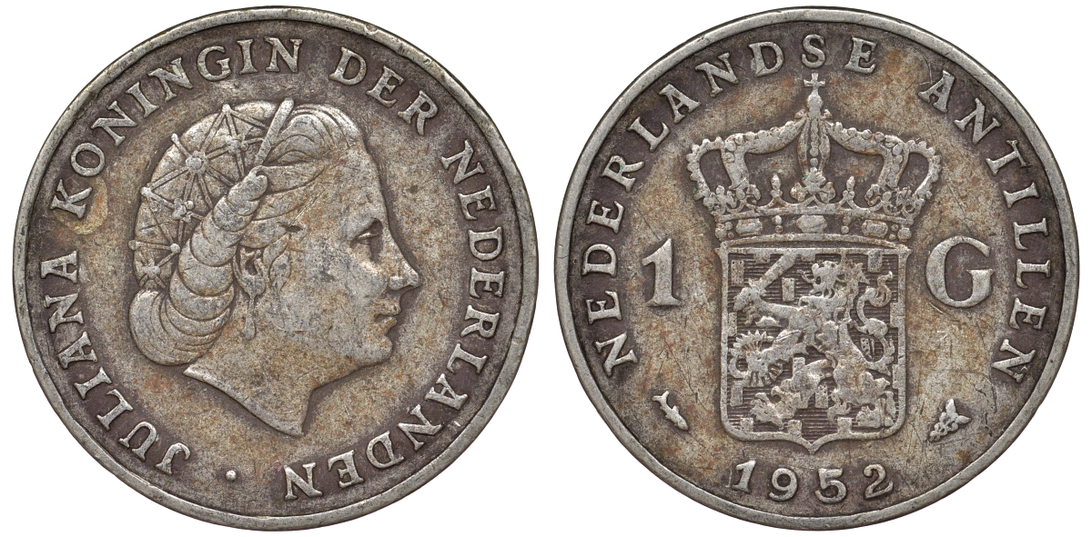 Нидерландские Антилы 1 гульден 1952 Юлиана (1948-1980) KM 2 серебро 36-816
