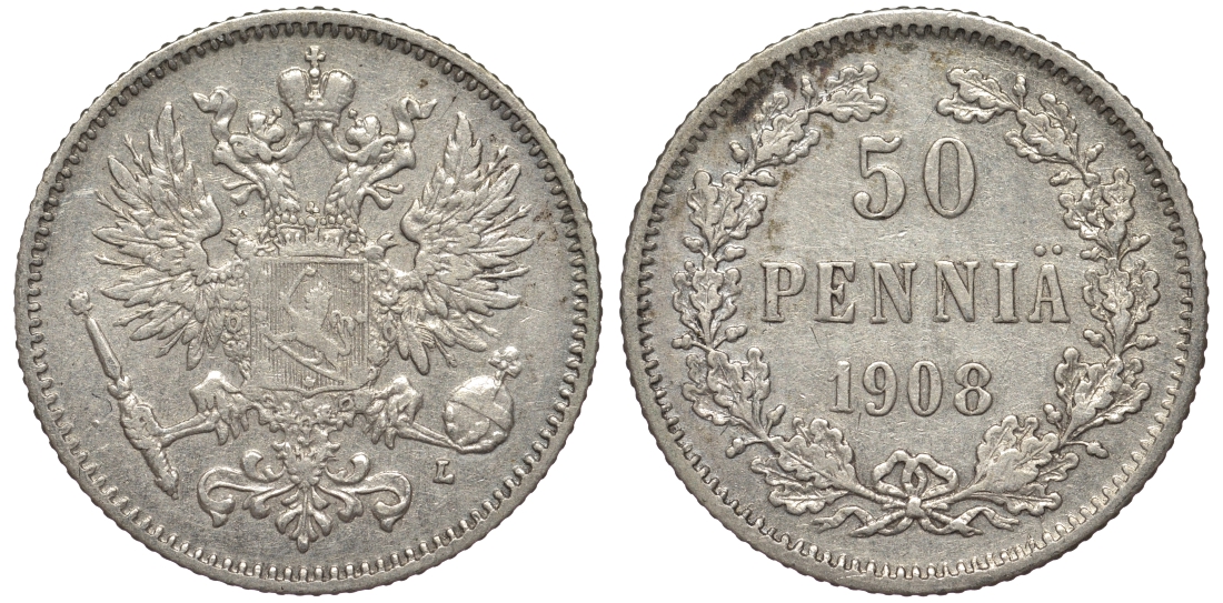 Россия для Финляндии 50 пенни 1908 L, Николай II (1894-1917) КМ 2.2, Биткин 403 серебро 75-831