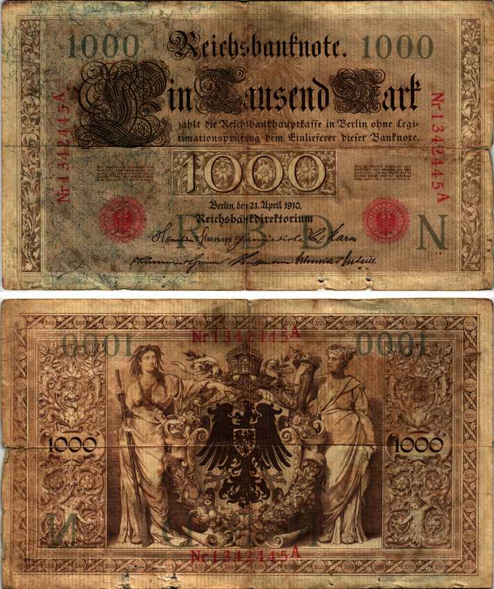 ГЕРМАНИЯ 1000 МАРОК 1910 21 АПРЕЛЯ 1910, КРАСНАЯ ПЕЧАТЬ, 7 ЦИФР В НОМЕРЕ Pick 44b бумага 7191-57-2