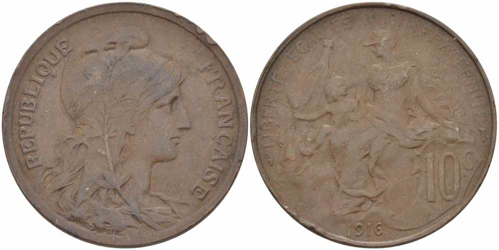 ФРАНЦИЯ 10 САНТИМОВ 1916 ТИП ДАНИЭЛЬ ДЮПЮИ KM 843, LA FRANC 136.27 бронза 109-412