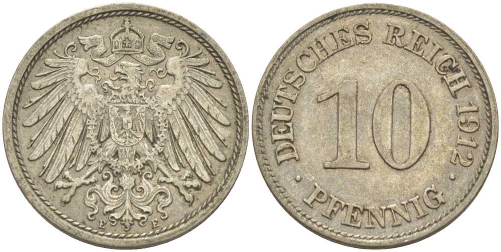 ГЕРМАНИЯ 10 ПФЕННИГОВ 1912 E KM 12, J. 13, Weege 8 медно-никель 212-156