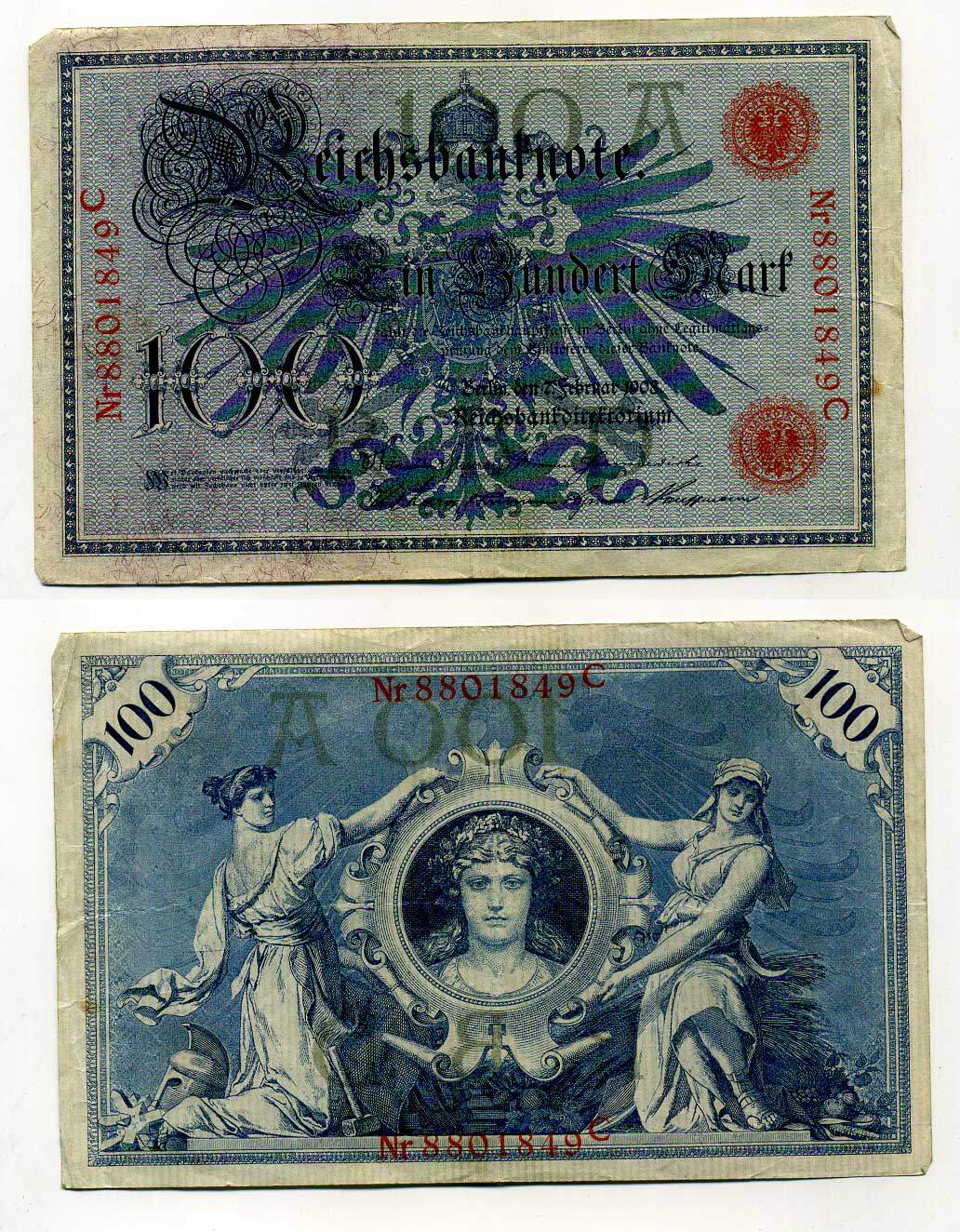 ГЕРМАНИЯ 100 МАРОК 1908 7 ФЕВРАЛЯ 1908, КРАСНАЯ ПЕЧАТЬ, ДЛИННА НОМЕРА СЕРИИ 29 ММ. Pick 33а бумага 2192-34-2