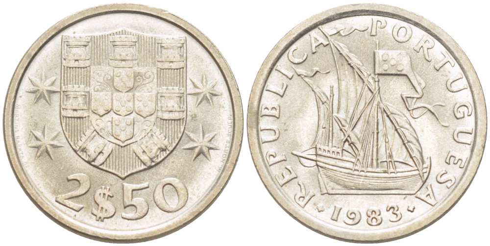 Португалия 2,5 эскудо 1983 парусник KM 590 медно-никель UNC 4513-1156
