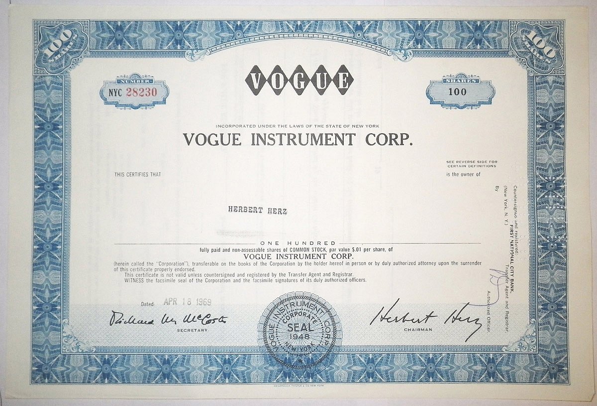 США, VOGUE INSTRUMENT CORP. 100 акций 1969 бумага 00-00