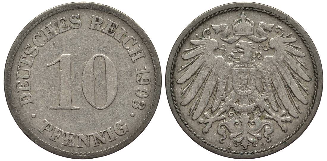 Германия 10 пфеннигов 1903 D KM 12, Jager 13, Weege 8 медно-никель 219-355