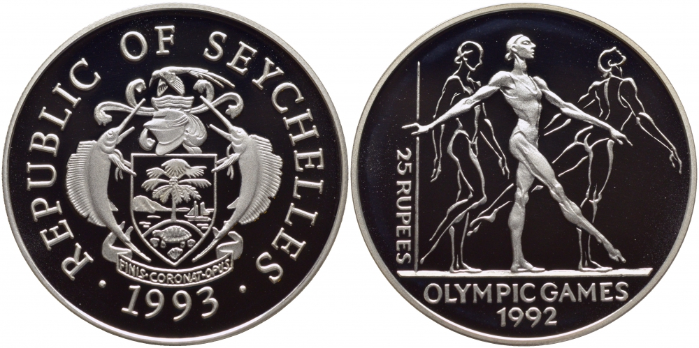 Сейшельские острова 25 рупий 1993 XXV летние олимпийские игры 1992 года в Барселоне, гиманстика, тираж 40000 экз. KM 70 серебро PROOF 01-084-22
