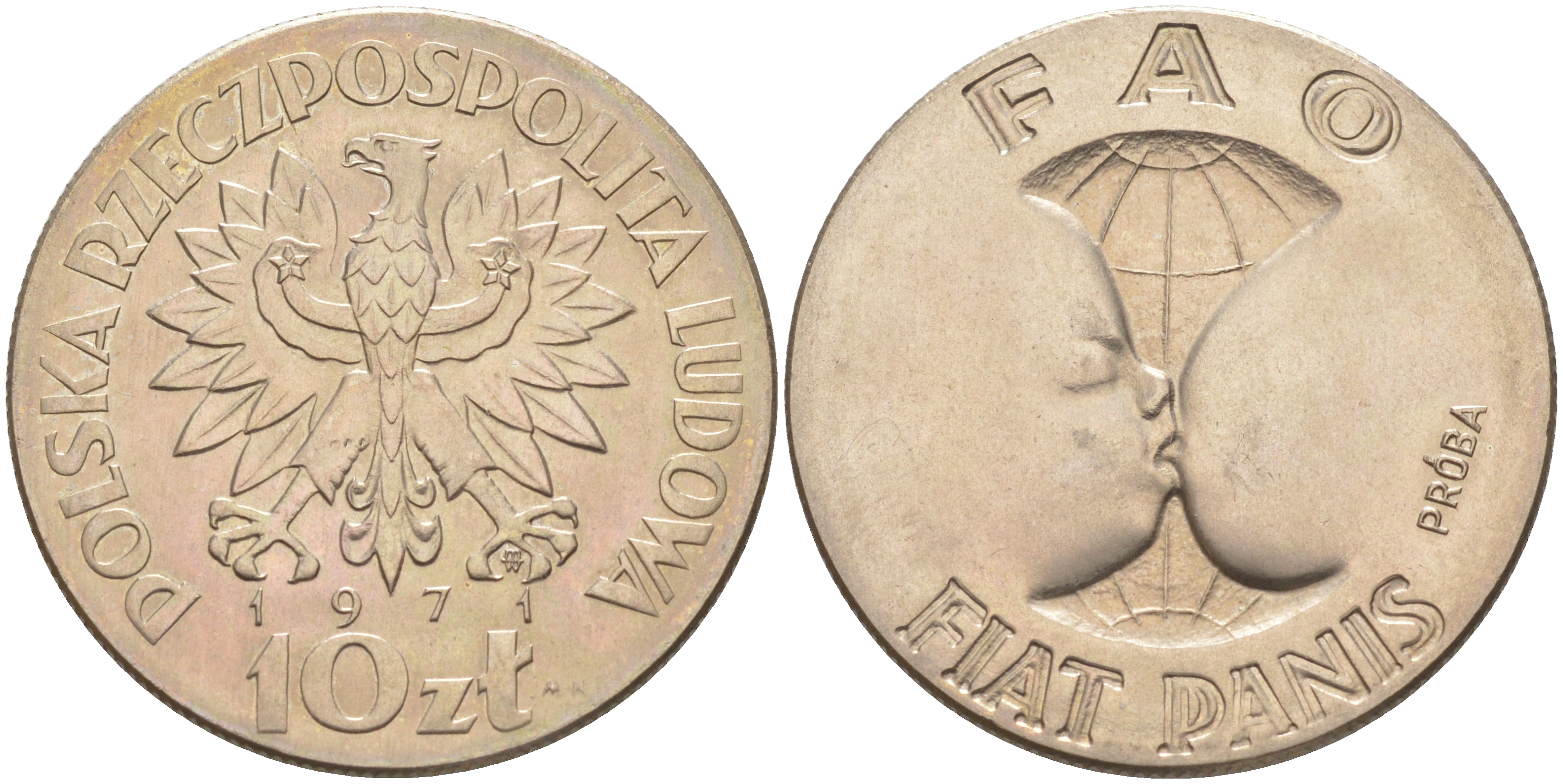 ПОЛЬША 10 ЗЛОТЫХ 1971 FAO, ПРОБА, PROBE KM Pr 185 медно-никель UNC 4111-912