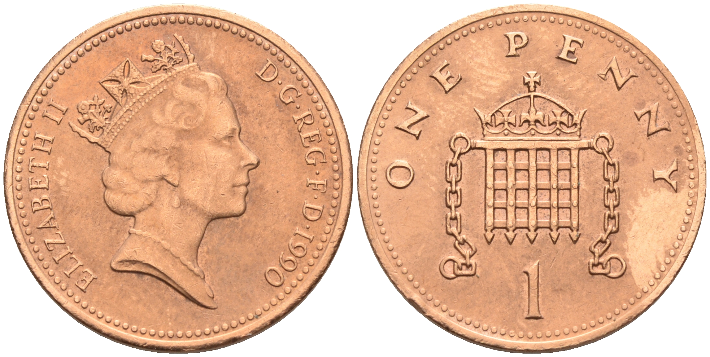 Великобритания 1 пенни 1990 Елизавета II (1952-2022) KM 935, Spink 4381 (B3) бронза 4588-548