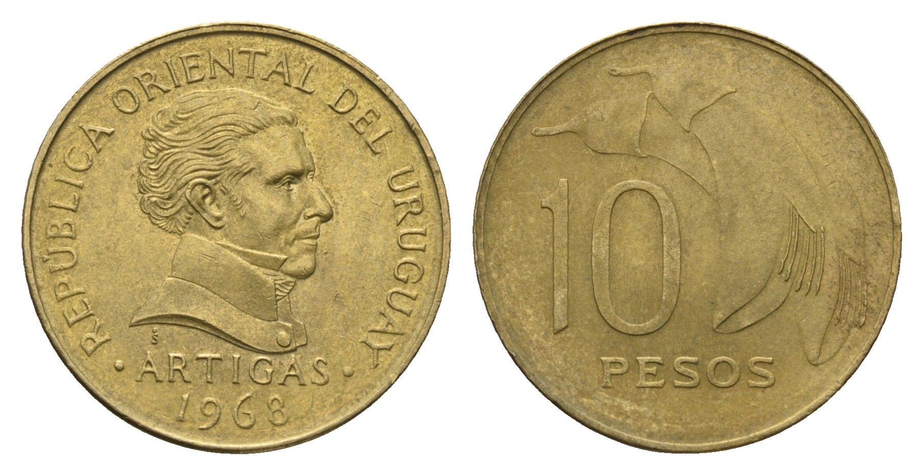 Уругвай 10 песо 1968 год-тип KM 51 никель латунь aUNC 4663-715