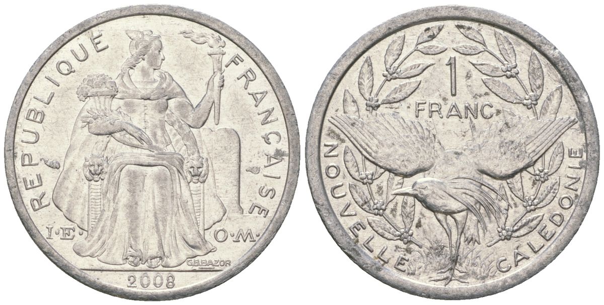 Французская Новая Каледония 1 франк 2008 птица кагу, (IEOM) KM 10, Schoen 10 алюминий 55-1046