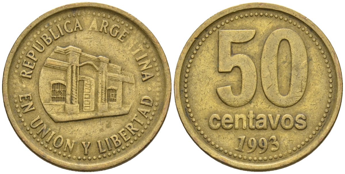Аргентина 50 сентаво 1993 здание конгресса Тукумана, широкие буквы KM 111.2, CJ 5, Schon 112 алюминиевая бронза    60-445