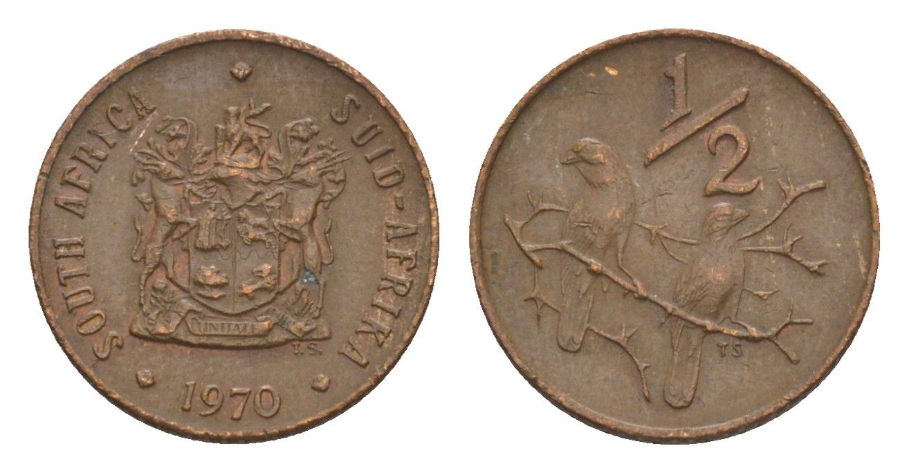 ЮАР 1/2 цента 1970 два капских воробья на ветке KM 81 бронза 4609-1117
