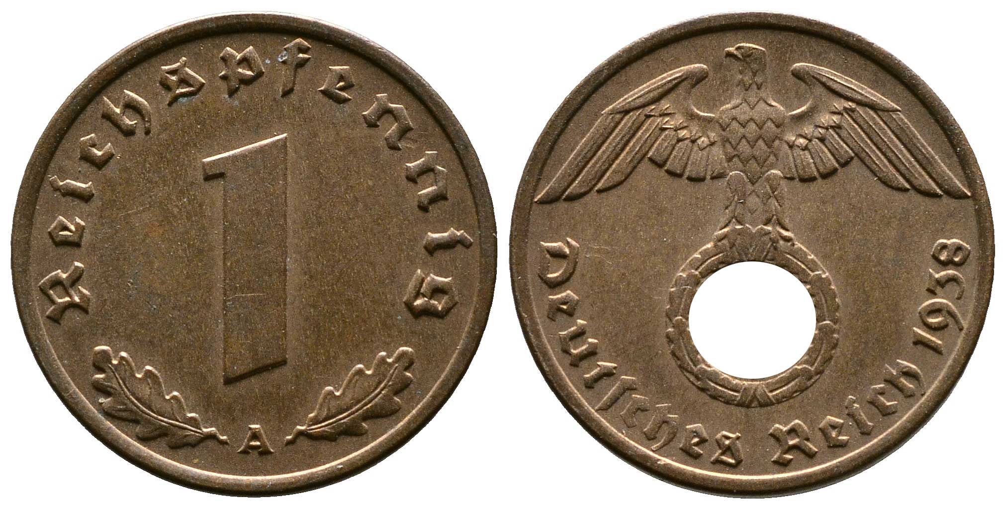 Германия 1 рейхспфенниг 1938 A KM 89, J. 361 бронза    220-311