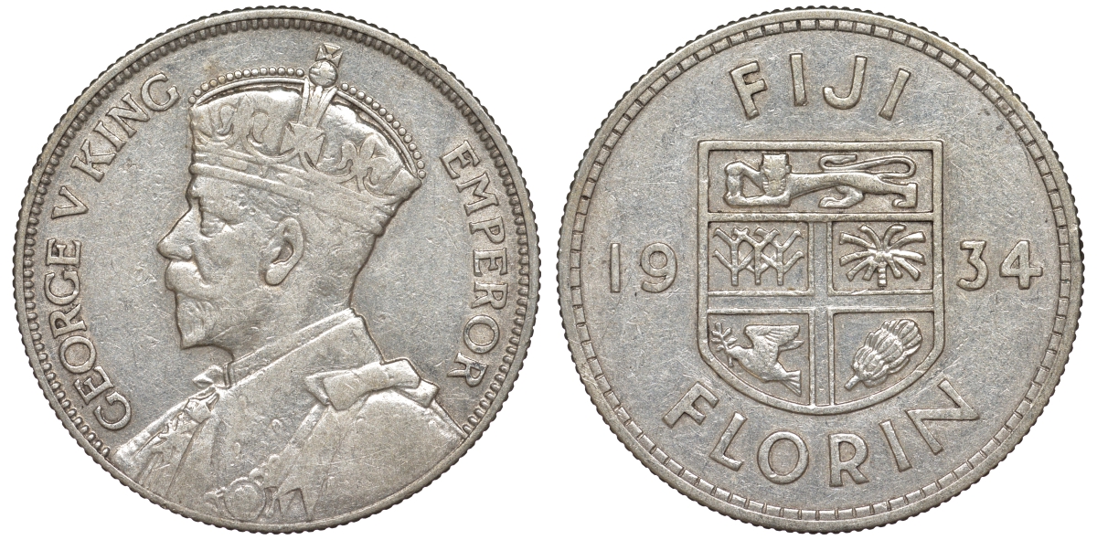 Фиджи 1 флорин 1934 Георг V (1910-1936), герб Фиджи KM 5 серебро 91-1232